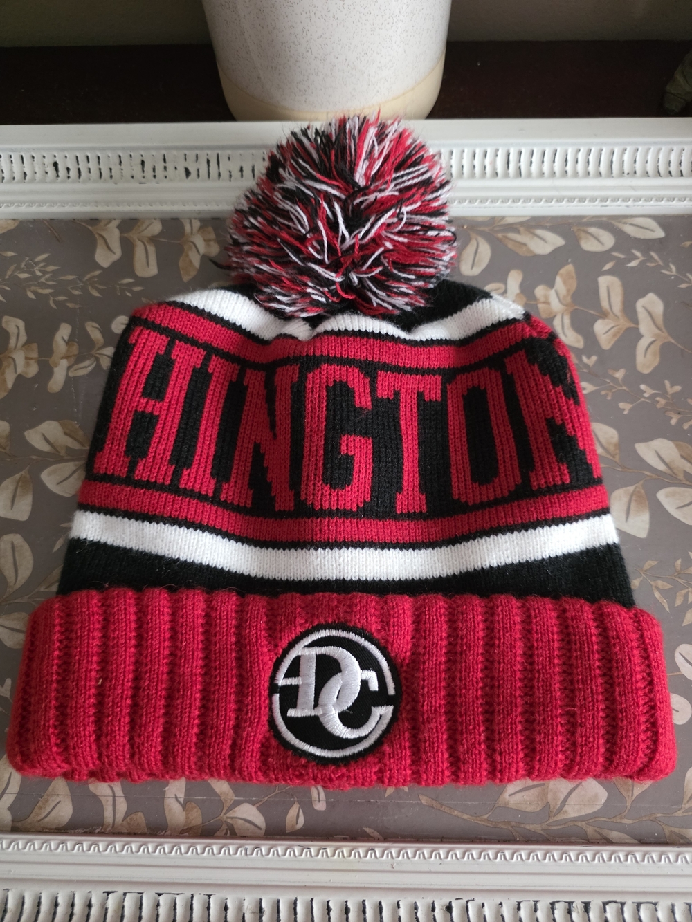 WASHINGTON DC Red Black White Pom Beanie Hat with Logo Patch